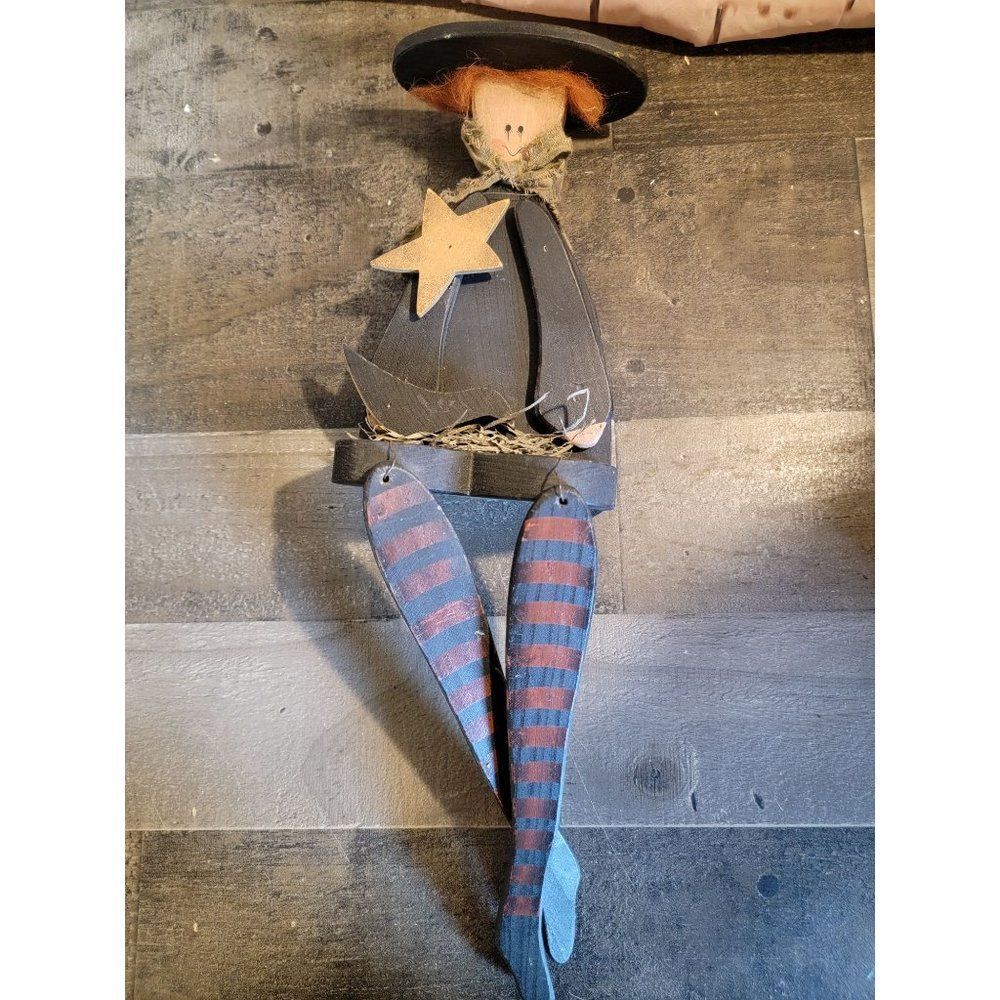 Country Folk Art Halloween witch star trick or treat hanging bookshelf decor